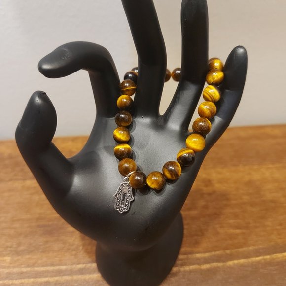 Tigers Eye Bracelet with Hand of Hamsa Pendant - Picture 1 of 5